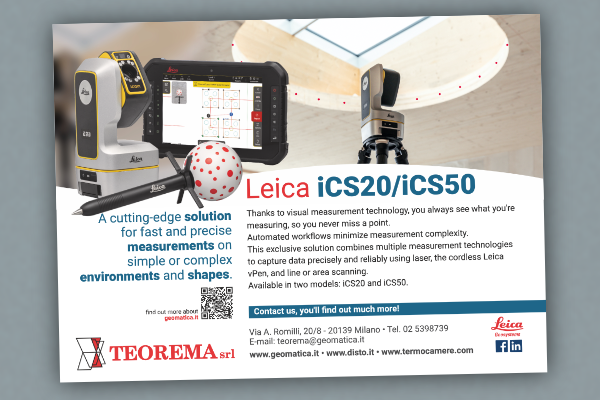 Formato di mezza pagina per la comunicazione di strumenti di rilievo Leica Geosystems iCS20/iCS50 per la rivista Geomedia.